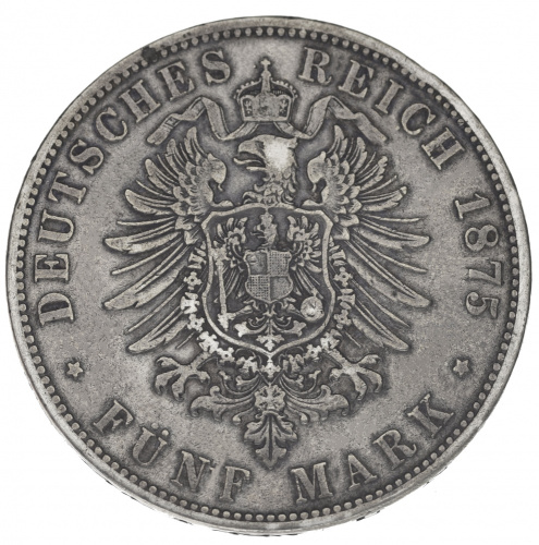 фото Германия 5 марок 1875 Серебро F-VF Гамбург