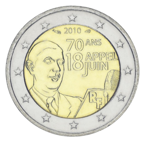 фото Франция 2 евро 2010 Биметалл UNC 70 лет речи Шарля де Голля 18 июня 1940