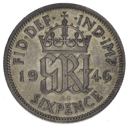 фото Великобритания 6 пенсов 1946 Серебро F-VF (Ag 500, 2,83 грамма)