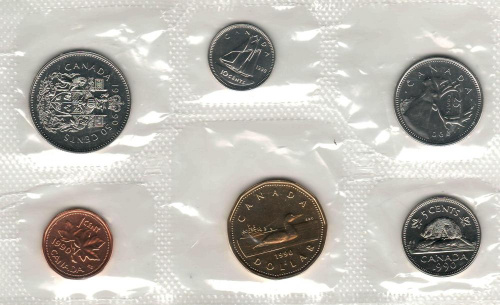 фото Канада набор из 6 монет 1990 UNC 1, 5, 10, 25, 50 центов, 1 доллар
