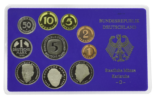 фото Германия набор из 10 монет 1990 Proof G 1, 2, 5, 10, 50 пфеннигов, 1, 2, 2, 2, 5 марок в сувенирной упаковке