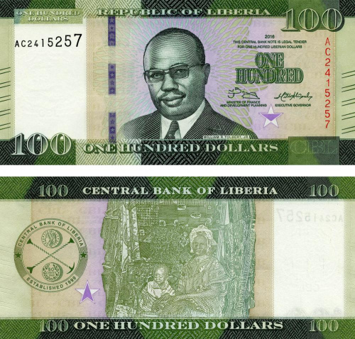 фото Либерия 100 долларов 2016 UNC (P35)