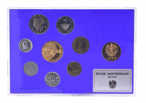 фото Австрия набор из 9 монет 1988 UNC 2, 5, 10, 50 грош, 1, 5, 10 шиллингов, 2 медали в сувенирной упаковке
