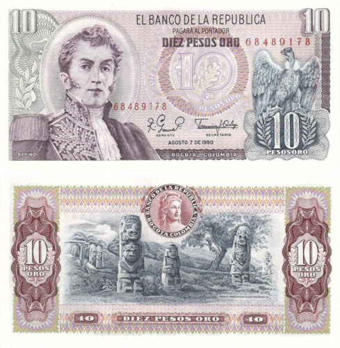 фото Колумбия 10 песо оро 1980 UNC (P407g)