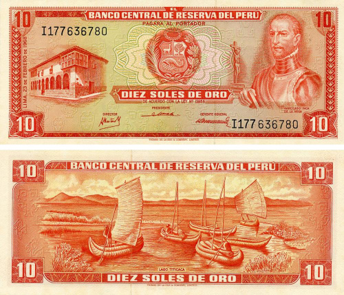 фото Перу 10 соль 1968 AU-UNC (P93a)