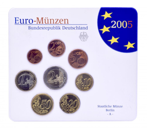 фото Германия набор из 8 монет евро 2005 UNC A 1, 2, 5, 10, 20, 50 евроцентов, 1, 2 евро в сувенирной упаковке