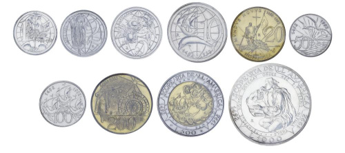 фото Сан-Марино набор из 10 монет 1992 UNC 1, 2, 5, 10, 20, 50, 100, 200, 500, 1000 лир (серебро)