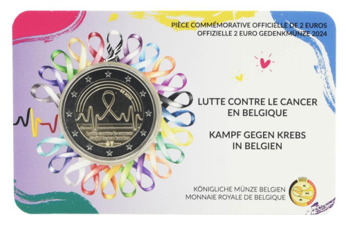фото Бельгия 2 евро 2024 Биметалл UNC Борьба с раком в сувенирной упаковке