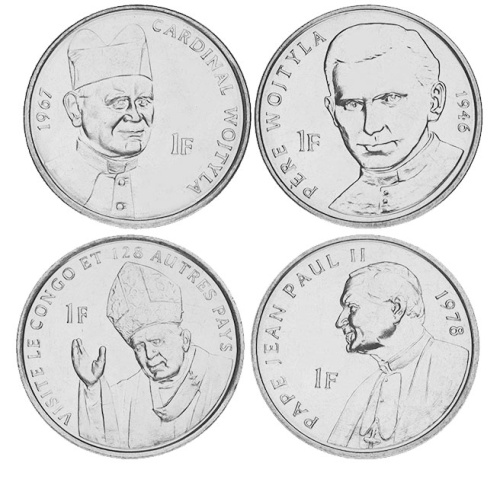 фото Демократическая республика Конго набор из 4 монет по 1 франку 2004 AU-UNC Папа Римский Иоанн Павел II