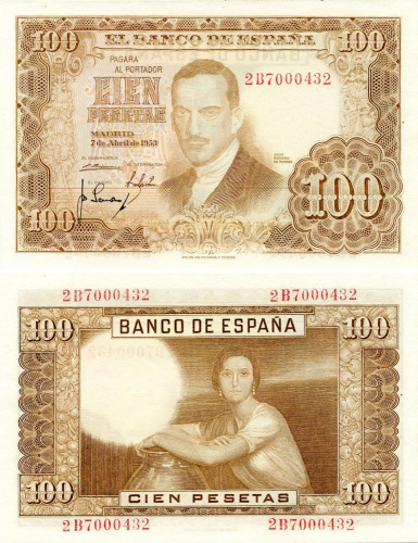 фото Испания 100 песет 1953 AU-UNC (P145)