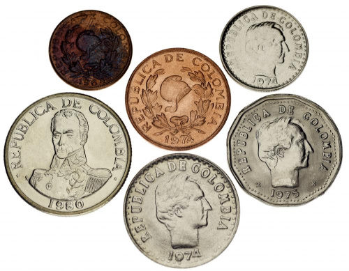 фото Колумбия набор из 6 монет 1966-1980 F-VF 1, 5, 10, 20, 50 сентаво, 1 песо