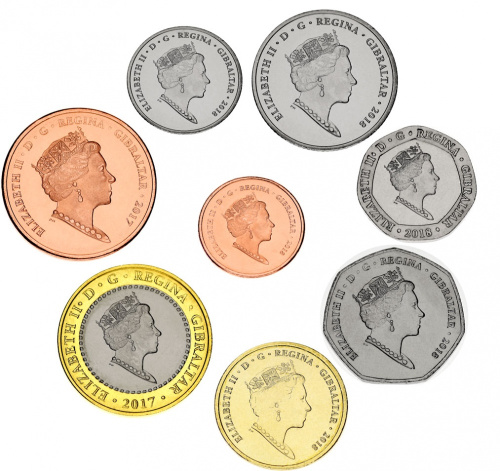 фото Гибралтар набор из 8 монет 2017-2018 UNC 1, 2, 5, 10, 20, 50 пенсов, 1, 2 фунта