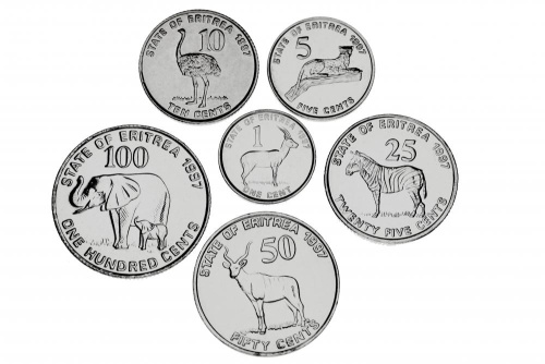 фото Эритрея набор из 6 монет 1997 UNC Животные 1, 5, 10, 25, 50, 100 центов