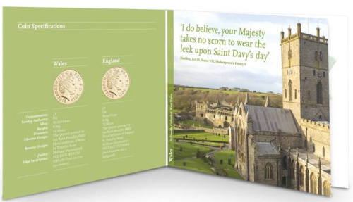 фото Великобритания набор из 2 монет по 1 фунту 2013 «Англия и Уэльс» UNC в сувенирной упаковке