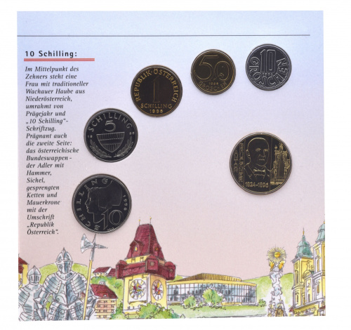 фото Австрия набор из 6 монет 1996 UNC 10, 50 грош, 1, 5, 10, 20 шиллингов в сувенирной упаковке
