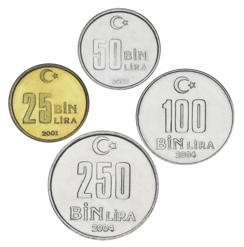 фото Турция набор из 4 монет 2001-2004 UNC 25000, 50000, 10000, 250000 лир