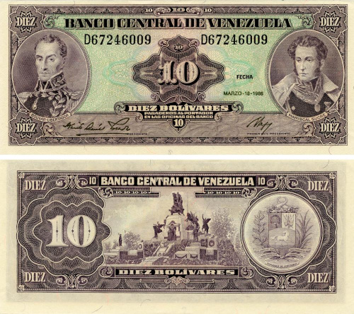 фото Венесуэла 10 боливар 1986 AU-UNC (P61a)