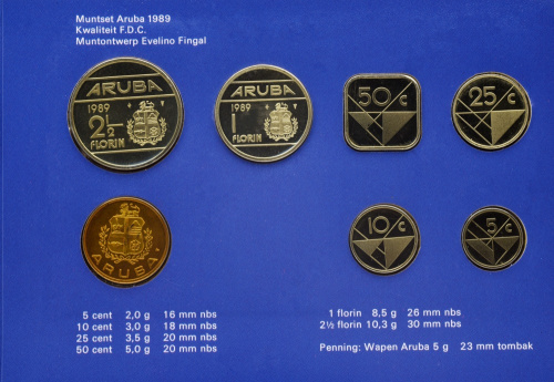 фото Аруба набор из 7 монет 1989 UNC 5, 10, 25, 50 центов, 1, 2,5 флорина, жетон в сувенирной упаковке