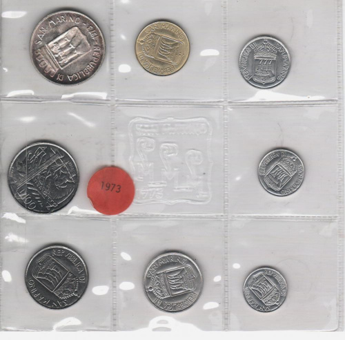 фото Сан-Марино набор из 8 монет 1973 UNC 1, 2, 5, 10, 20, 50, 100, 500 лир (серебро) в сувенирной упаковке