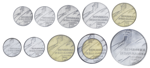 фото Сан-Марино набор из 10 монет 1990 UNC 1, 2, 5, 10, 20, 50, 100, 200, 500, 1000 лир (серебро)