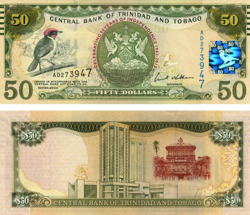 фото Тринидад и Тобаго 50 долларов 2012 UNC Памятная 50 лет Независимости Птица (P53)