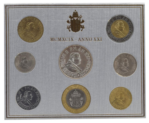 фото Ватикан набор из 8 монет 1999 AU-UNC Римский папа - Иоанн Павел II 21-й год правления