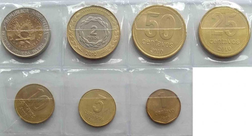 фото Аргентина набор из 7 монет 1993-2013 UNC 1, 5, 10, 25, 50 сентаво, 1, 2 песо