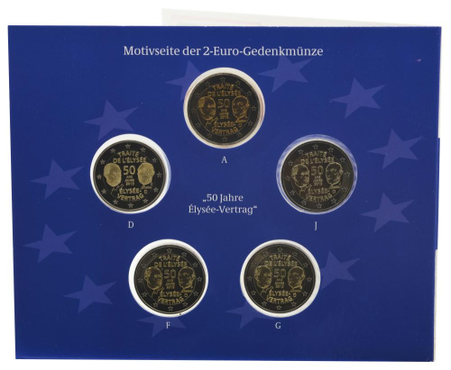 фото Германия набор монет евро 2013 A, D, F, G, J «Елисейский договор» UNC все монетные дворы (5 штук)