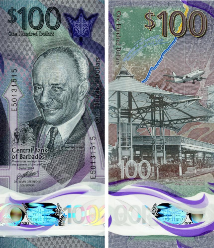 фото Барбадос 100 долларов 2024 Полимер UNC (PW85)
