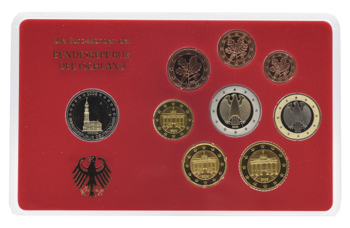 фото Германия набор из 9 монет евро 2008 UNC J 1, 2, 5, 10, 20, 50 евроцентов, 1, 2 евро, памятная 2 евро Блистер