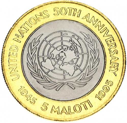 фото Лесото 5 малоти 1995 Биметалл UNC 50 лет ООН