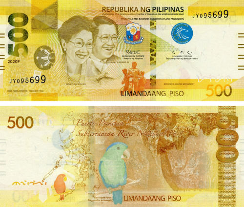 фото Филиппины 500 песо 2020 UNC Птица - Попугай (P227)