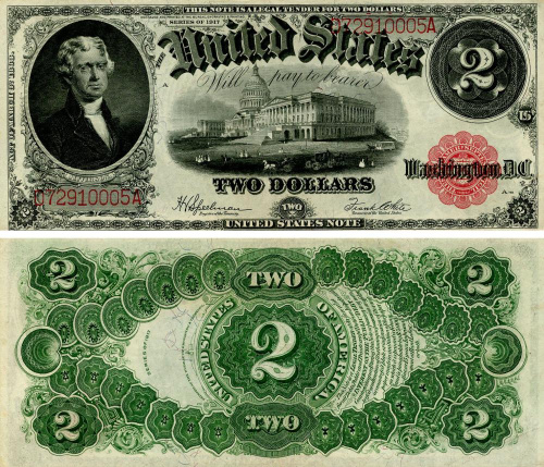 фото США 2 доллара 1917 VF-AU Т. Джефферсон Номер 072910005А