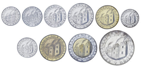 фото Сан-Марино набор из 10 монет 1992 UNC 1, 2, 5, 10, 20, 50, 100, 200, 500, 1000 лир (серебро)