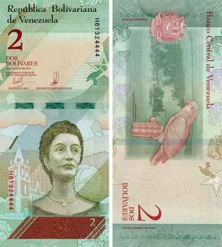 фото Венесуэла 2 боливара 2018 UNC Попугай (P101)