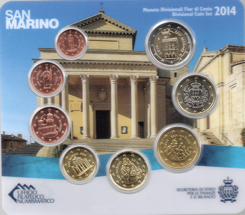фото Сан-Марино набор из 8 монет евро 2014 UNC 1, 2, 5, 10, 20, 50 евроцентов, 1, 2 евро