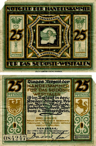 фото Германия Нотгельд  25 пфеннигов 1920 F-VF Арнсберг