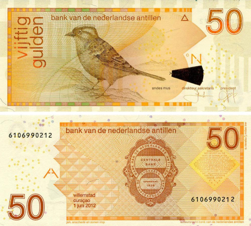 фото Нидерландские Антилы 50 гульденов 2012 UNC Птица - Воробей (P30f)