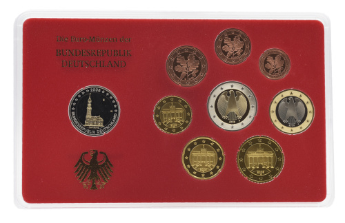 фото Германия набор из 9 монет евро 2008 UNC G 1, 2, 5, 10, 20, 50 евроцентов, 1, 2 евро, памятная 2 евро Блистер