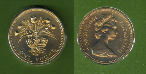 фото Великобритания 1 фунт 1984 UNC в сувенирной упаковке (KM#934)