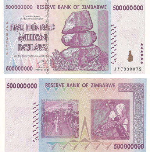 фото Зимбабве 500000000 долларов 2008 UNC 500 миллионов (P82)