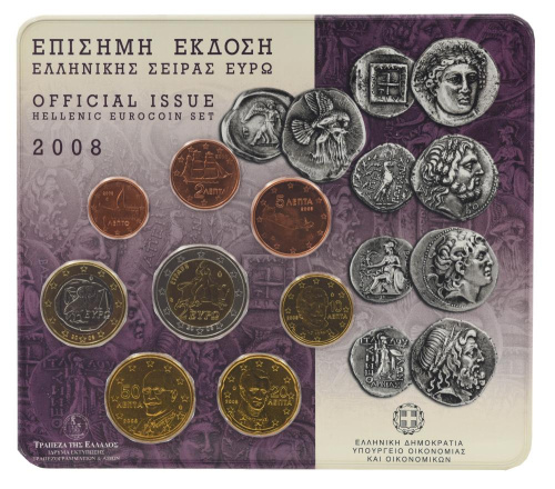 фото Греция набориз 8 монет евро 2008 UNC 1, 2, 5, 10, 20, 50 евроцентов, 1, 2 евро в сувенирной упаковке