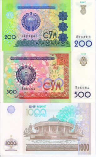 фото Узбекистан набор из 10 банкнот 1994-2001 UNC 1, 3, 5, 10, 25, 50, 100, 200, 500, 1000 сум