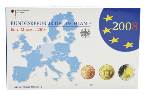 фото Германия набор из 9 монет евро 2008 UNC J 1, 2, 5, 10, 20, 50 евроцентов, 1, 2 евро, памятная 2 евро Блистер