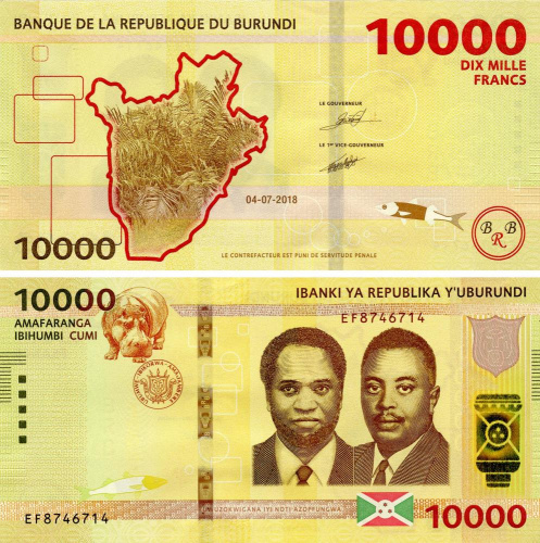 фото Бурунди 10000 франков 2018 UNC Бегемот Гиппопотам (P54)