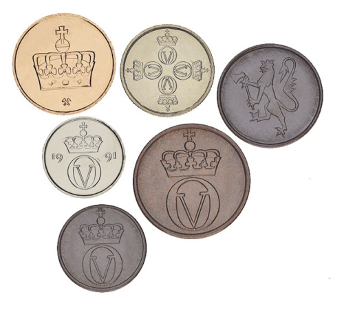 фото Норвегия набор из 6 монет 1970-2011 UNC 1, 2, 5, 10, 25, 50 эре