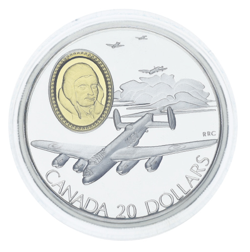 фото Канада 20 долларов 1990 Серебро Proof Канадская авиация - Avro Lancaster, Джон Фокир (Ag 925, 31,1 грамм)