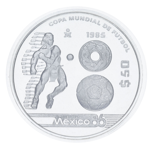 фото Мексика 50 песо 1985 Серебро Proof Чемпионат мира по футболу в Мексике в 1986 году - Индеец с мячом