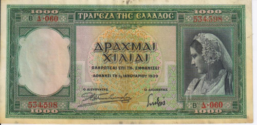 фото Греция 1000 драхм 1939 VF