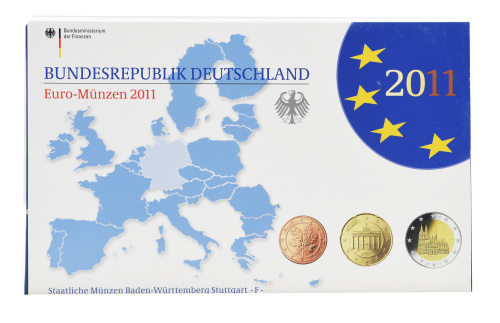 фото Германия набор из 9 монет евро 2011 UNC F 1, 2, 5, 10, 20, 50 евроцентов, 1, 2 евро, памятная 2 евро Блистер